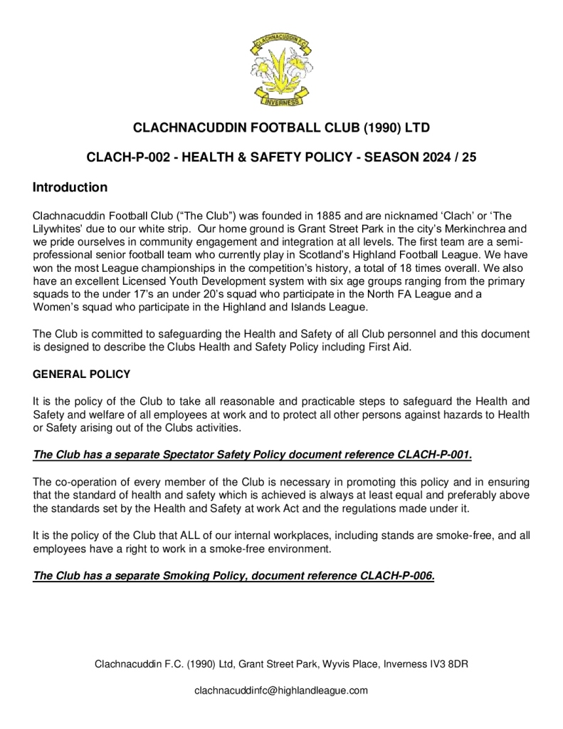 thumbnail of CLACH-P-002 – HEALTH & SAFETY POLICY – SEASON 2024 25