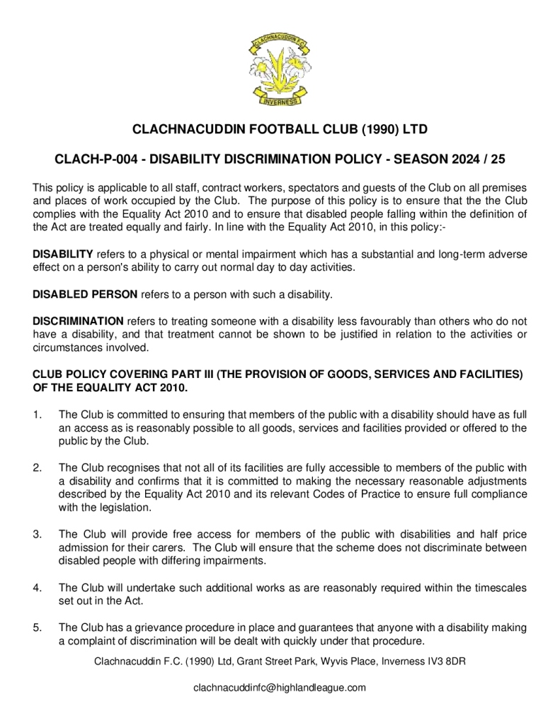 thumbnail of CLACH-P-004 – DISABILITY DISCRIMINATION POLICY – SEASON 2024 25