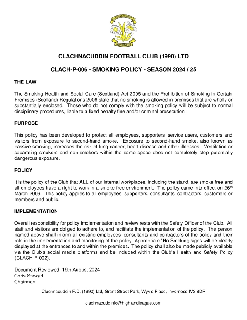 thumbnail of CLACH-P-006 – SMOKING POLICY – SEASON 2024 25